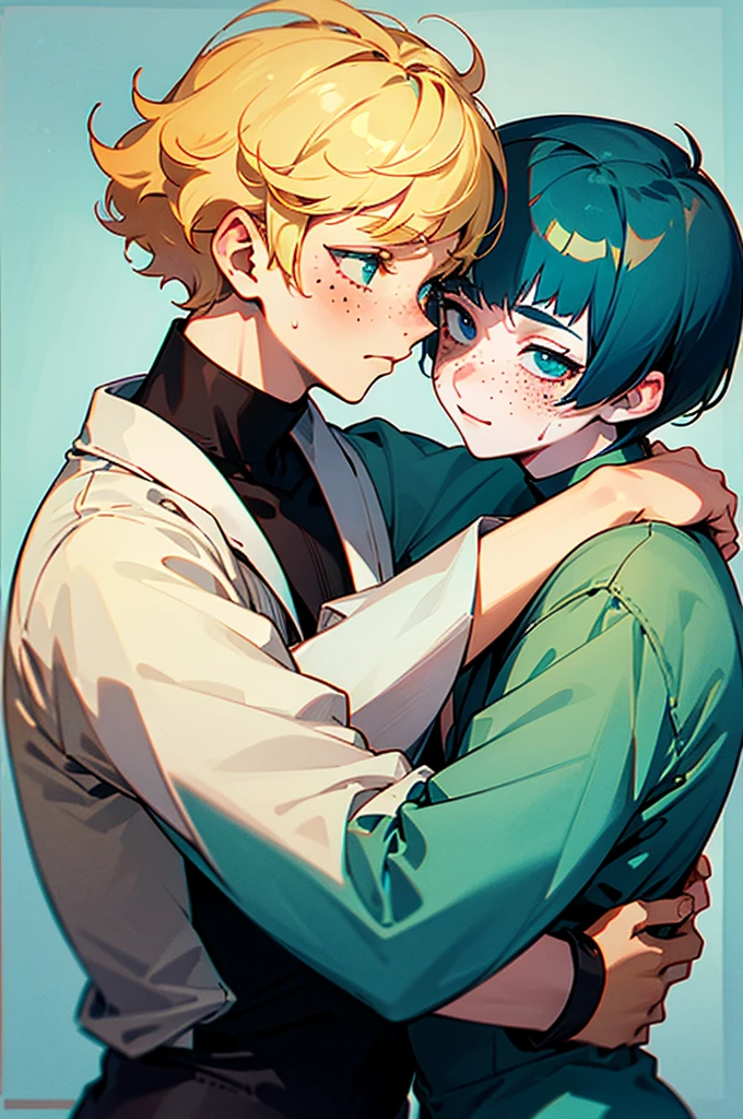 two males, one with blonde spiky curly hair and cyan eyes with freckles hugging happyly another feminen male with very short bowlcut cut dark blue hair and eyes with beauty marks on his face