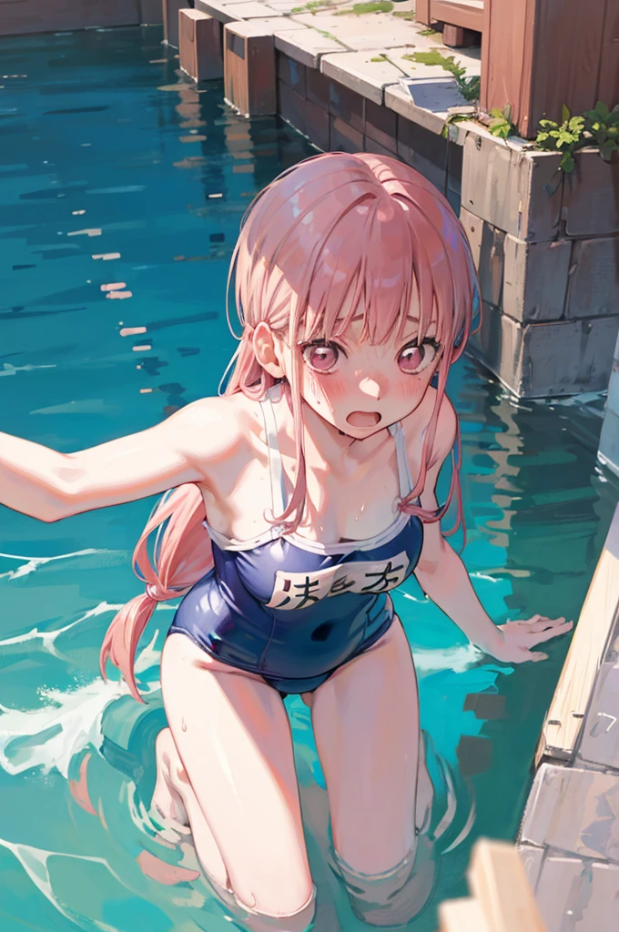 School Swimsuit,,Blushing、Pink Hair、Pale pink eyes、２Full body portrait from head to toe、Blushing、Embarrassed look、Composition from the front、A view from slightly below、school swimwear、Acme Face、Random pose、, 、nsfw、Highest quality、1 girl、solo、Ocean、Sandy Beach、Sexy pose、Random pose、Blushing、Wet、Embarrassed、I can see half of my 、、One piece swimsuit、(Strap slip:1.3)、School Swimsuit