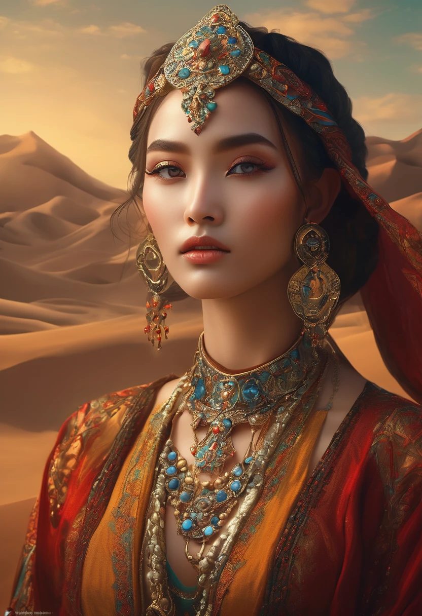 The princess of the desert tribe, desert style,(masterpiece, best quality:1.2), elegant girl, striking pose, exquisite detailed features, piercing eyes, sharp nose, sensual lips, ornate clothing, symmetrical composition, cinematic lighting, dramatic chiaroscuro, rich color palette, high contrast, digital art, photorealistic，xianxia，