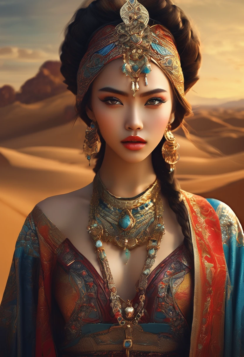 The princess of the desert tribe, desert style,(masterpiece, best quality:1.2), elegant girl, striking pose, exquisite detailed features, piercing eyes, sharp nose, sensual lips, ornate clothing, symmetrical composition, cinematic lighting, dramatic chiaroscuro, rich color palette, high contrast, digital art, photorealistic，xianxia，