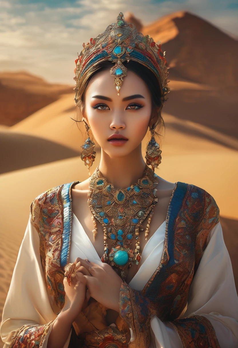 The princess of the desert tribe, desert style,(masterpiece, best quality:1.2), elegant girl, striking pose, exquisite detailed features, piercing eyes, sharp nose, sensual lips, ornate clothing, symmetrical composition, cinematic lighting, dramatic chiaroscuro, rich color palette, high contrast, digital art, photorealistic，xianxia，