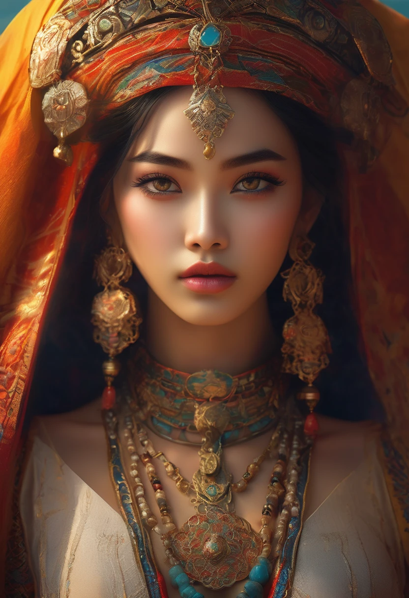 The princess of the desert tribe, desert style,(masterpiece, best quality:1.2), elegant girl, striking pose, exquisite detailed features, piercing eyes, sharp nose, sensual lips, ornate clothing, symmetrical composition, cinematic lighting, dramatic chiaroscuro, rich color palette, high contrast, digital art, photorealistic，xianxia，