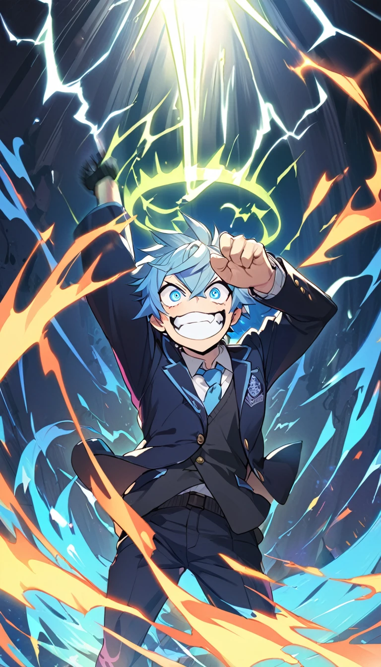 1 Guy,School,Uniform,blazer,logo,spiky light blue hair,blue eyes, psychotic Laugh,blue lightning,dark aura