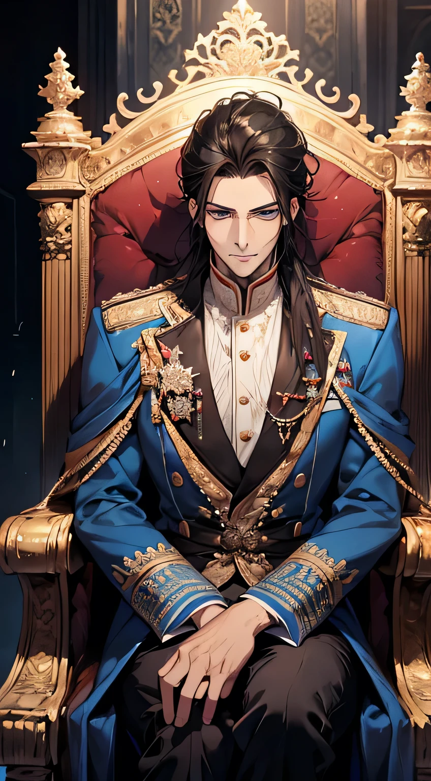 Handsome man, royal clothes, blue eyes, black hair, expressionless, high quality, detailed picture, HD, 34 years old, mature man, insightful gaze, perfect face, manly face, sharp features, cold expression, sitting on a throne, confident , high resolution, clear picture, beautiful high-definition eyes