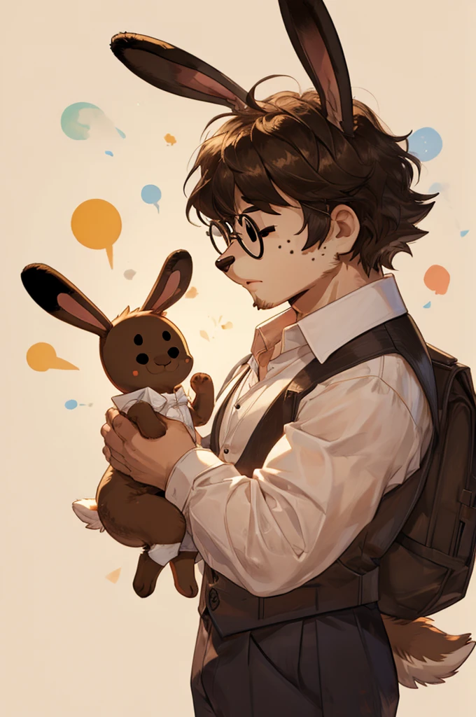 1 male, bunny, rabbit, small, male, ((((dot eyes)))), round glasses, ((brown fur)) , freckles, short bangs