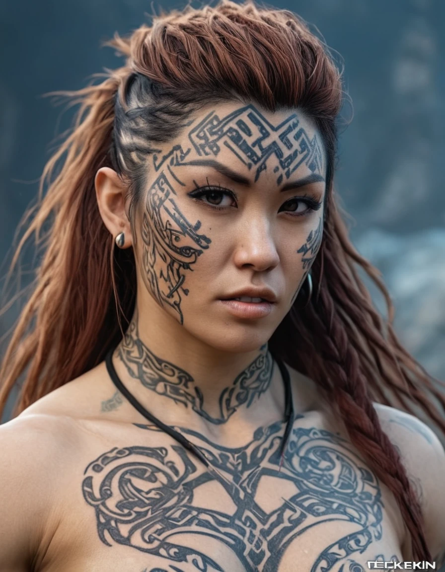 A close up of a woman with intricate facial tattoos and flowing hair, technoviking female with no shirt, with rune tattoos on her face, djinn human hybrid, norse goddess, picture of an adult female warrior, asgardian, muscular character, as a character in Tekken, inspired by Li Gonglin, inspired by Li Kan, avatar image, viking goddess