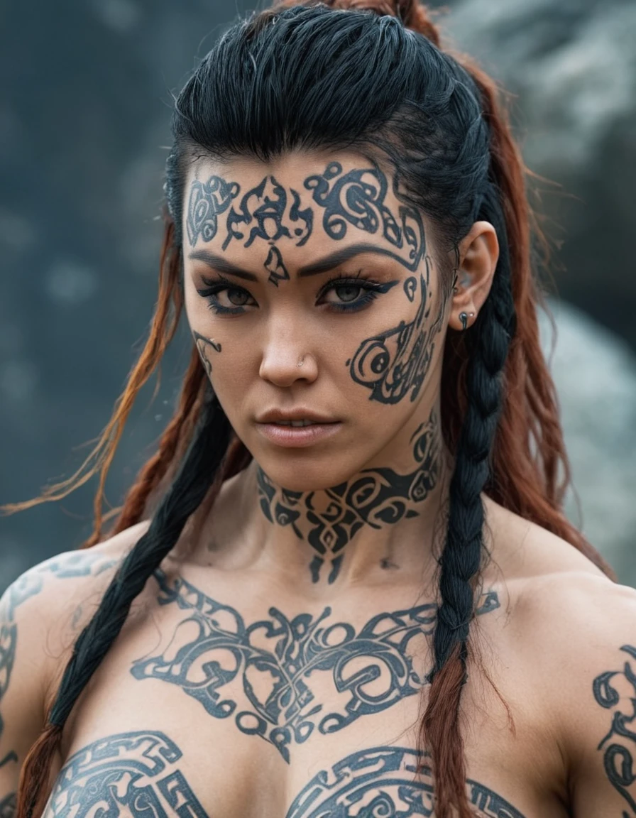 A close up of a woman with intricate facial tattoos and flowing hair, technoviking female with no shirt, with rune tattoos on her face, djinn human hybrid, norse goddess, picture of an adult female warrior, asgardian, muscular character, as a character in Tekken, inspired by Li Gonglin, inspired by Li Kan, avatar image, viking goddess