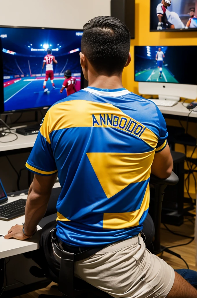 Developer watching football game at work studio, with cartoons, the developer with a Colombian shirt and on his back with the name Anderson on his sword