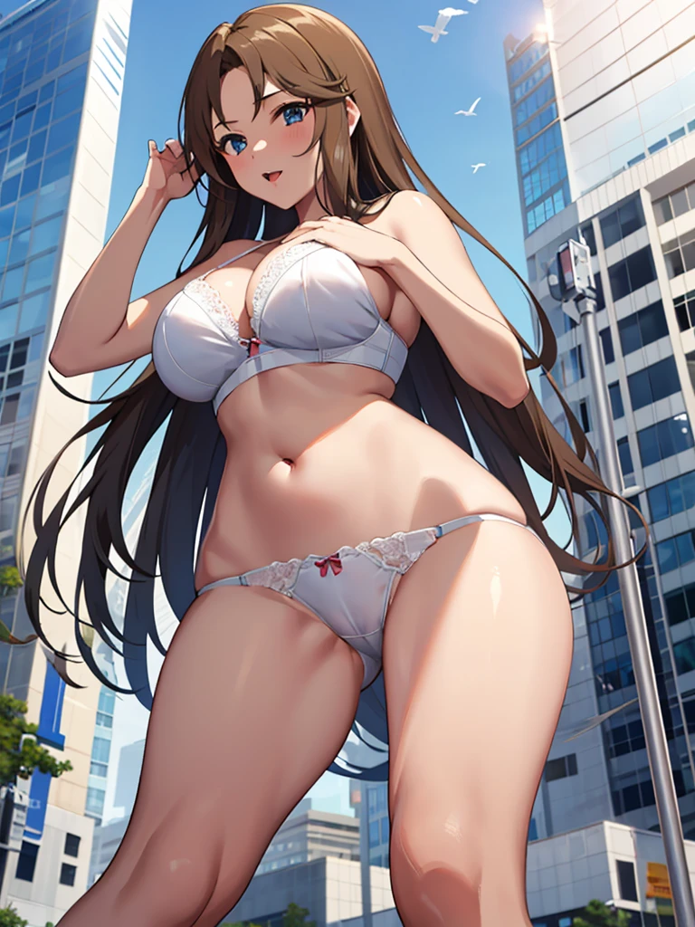 masterpiece, Highest quality, Confused, 1 girl, 、City、White panties　Black hair from below　　((White BRA))　Big Breasts