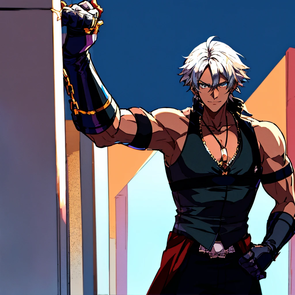 A Dark skinned young anime man, side swept silver hair, fiery light blue eyes, producing blue fire out of his fist, wearing a blue combat trench coat over a black tank top with black slacks and a chain on the hip, steel necklace with a blue dragon pendant around his neck, with sleeves rolled up to his elbows and a cocky smile