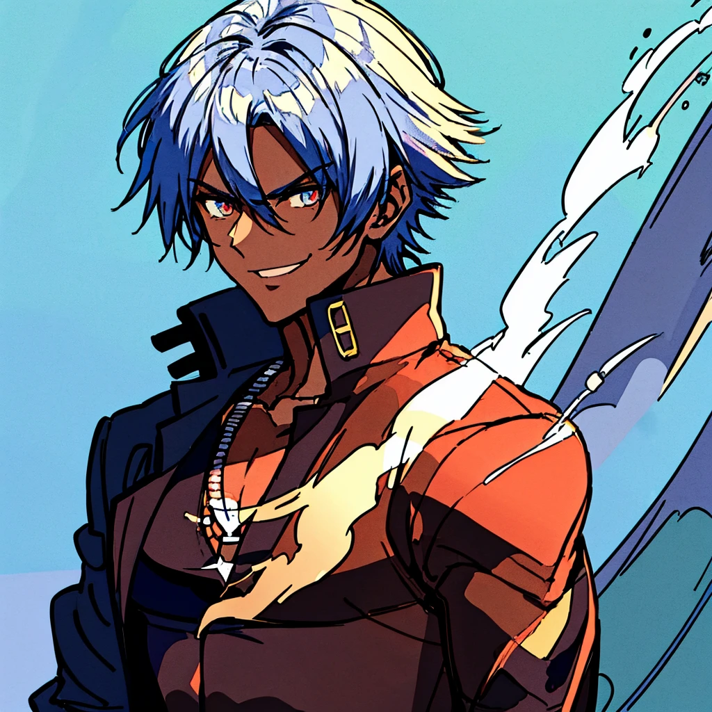 A Dark skinned young anime man, side swept silver hair, fiery light blue eyes, producing blue fire out of his fist, wearing a blue combat trench coat over a black tank top with black slacks and a chain on the hip, steel necklace with a blue dragon pendant around his neck, with sleeves rolled up to his elbows and a cocky smile