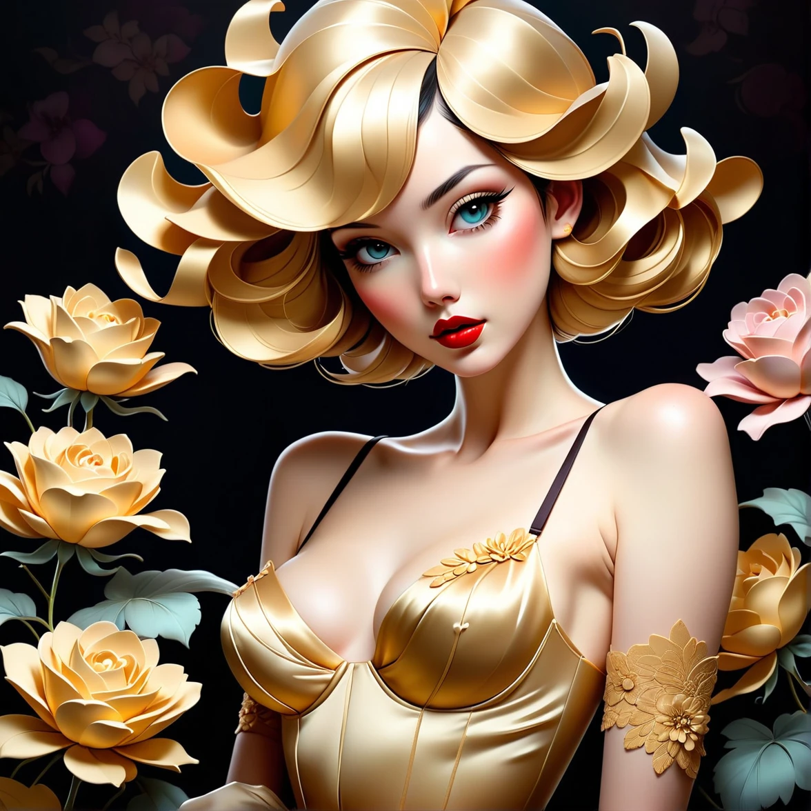 chiaroscuro technique in the illustration of an elegant , retro and vintage ,silky flower around the body, mattepainting, by Hannah Dale, by Harumi Hironaka, extremely soft colors, Vibrant, cake, highy detailed, digitl art, hight contrast, dramatic, refined, tonal, golden ratio, (comely , lingerie, Stockings, mitts, seducer)