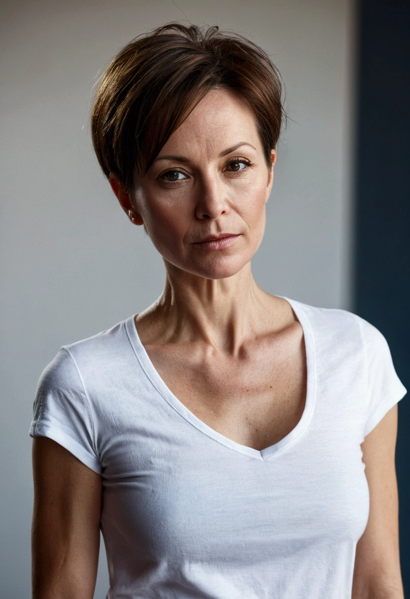 Woman 38 years old, skin fair, short hair tied up. CLOTHES white t-shirt and jeans