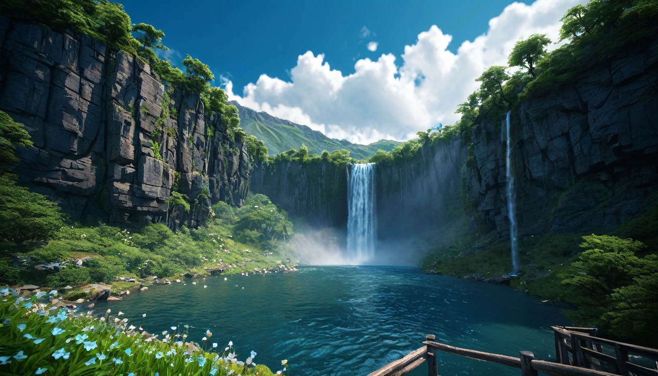 masterpiece, 最high quality, high quality, Very detailed CG unity 8k wallpaper, scenery, Outdoor, null, cloud, Day, No humans, Mountain, landscape, water, wood, blue null, waterfall, cliff, nature, lake, river, cloudy null,Award-winning photography, Bokeh, Depth of written boundary, High resolution, bloom, chromatic aberration ,Realistic,Very detailed, artステーションでトレンド, Trending on CGSociety, Complex, High detail, dramatic, art:Mid Journey