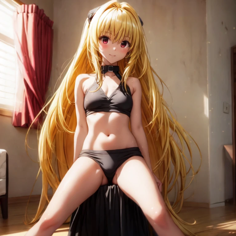 best quality, high resolution, mine , 1 Girl,  Solitary, Yellow hair, Red Eyes, earrings, moxiong, starpless，midriff, (Face to face)，teeny tiny bikini bottoms，Show your shoulders, Expose the waist, navel, Shy expression, Lips slightly open, Glossy lips, Shy smile, (Delicate face), (blush), Anime CG style, (Small breasts), Good lighting, Slim waist, collar, (Perfect legs), (Beautiful legs), (Spread your legs and raise them high), Sexy pose, exposed pose, Sit in the living room, Sweating on the lower body, Pee out