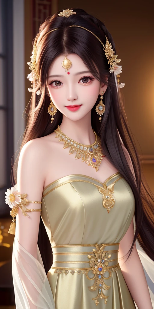 best quality, masterpiece, highres, 1girl, transparent silk china dress, beautiful face, hair ornament, looking at viewer, smile, closed mouth,lips, dress,hair ornament, necklace, jewelry, long hair, earrings, Beautiful face,upon_body, tyndall effect,photorealistic, dark studio, rim lighting, two tone lighting,(high detailed skin:1.2), 8k uhd, dslr, soft lighting, high quality, volumetric lighting, candid, Photograph, high resolution, 4k, 8k, Bokeh