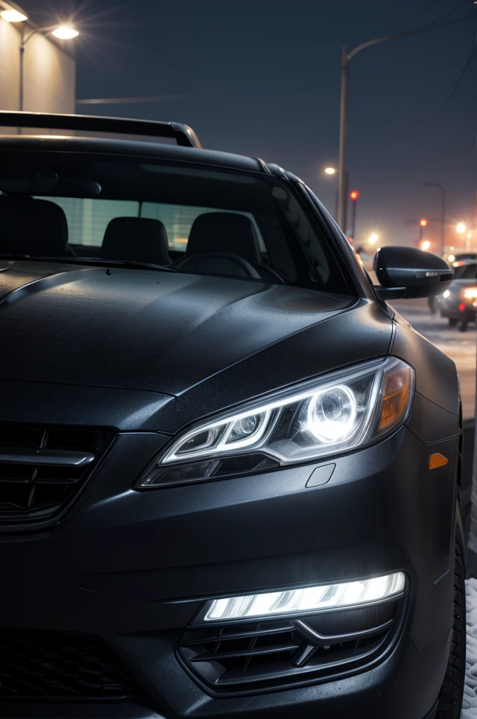 car from the front, slightly angular, showing the headlight in detail, in extreme cold, with small drops accumulated in the can
