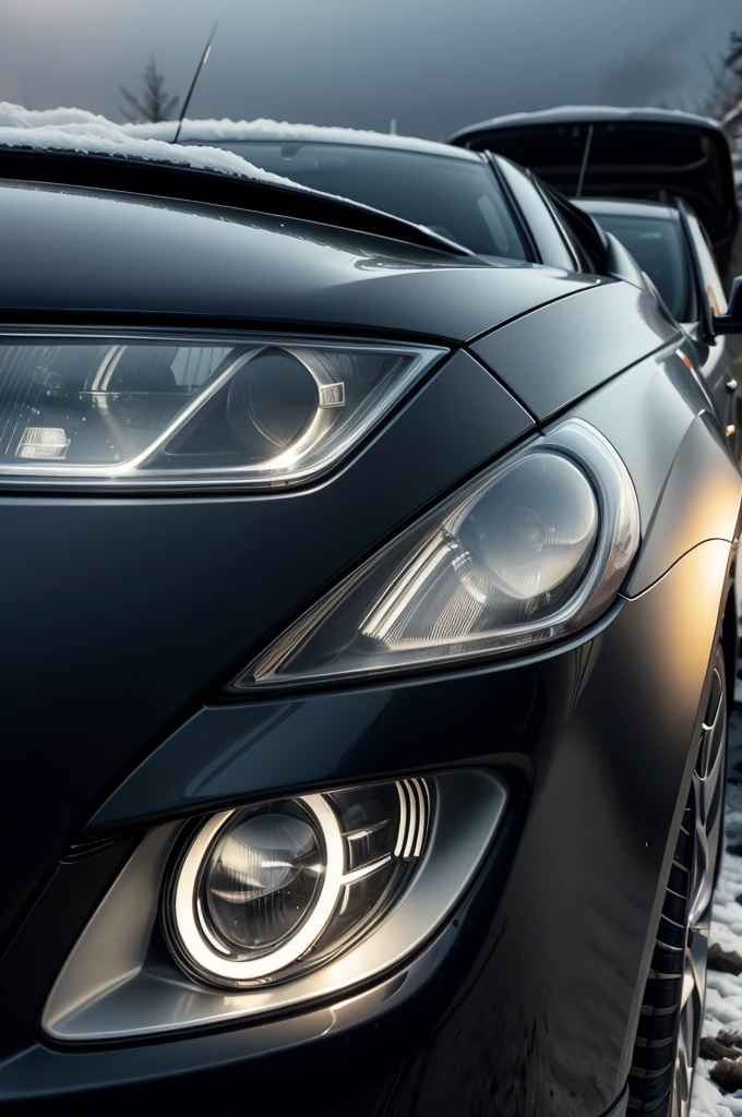 car from the front, slightly angular, showing the headlight in detail, in extreme cold, with small drops accumulated in the can