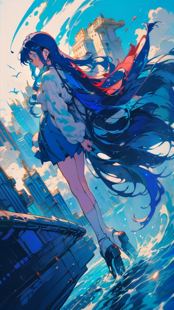 Blue-haired long hair，Design clothing，Seven-doppelganger shot，Anime style 4K，Anime girl with teal hair，High quality anime art style，Standing painting，Splash ink background，Blue Themes、Pure white background,Buildings,Face close-up,Buildings,Moon and sun、Long legs, whale flying in the sky