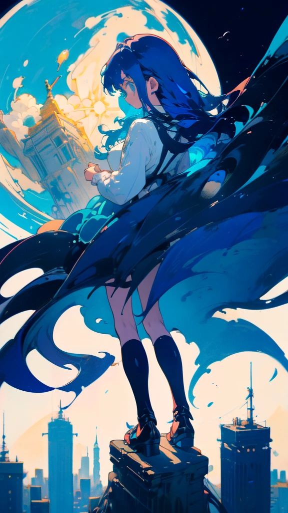 Blue-haired long hair，Design clothing，Seven-doppelganger shot，Anime style 4K，Anime girl with teal hair，High quality anime art style，Standing painting，Splash ink background，Blue Themes、Pure white background,Buildings,Face close-up,Buildings,Moon and sun、Long legs, whale flying in the sky