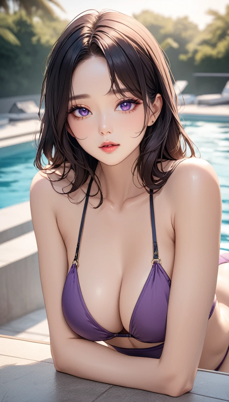 masterpiece, high resolution, beautiful woman, Korean Beauty, 30 years old, purple bikini, beautiful woman, pool, looking at me, high resolution face, (high resolution eyes)
