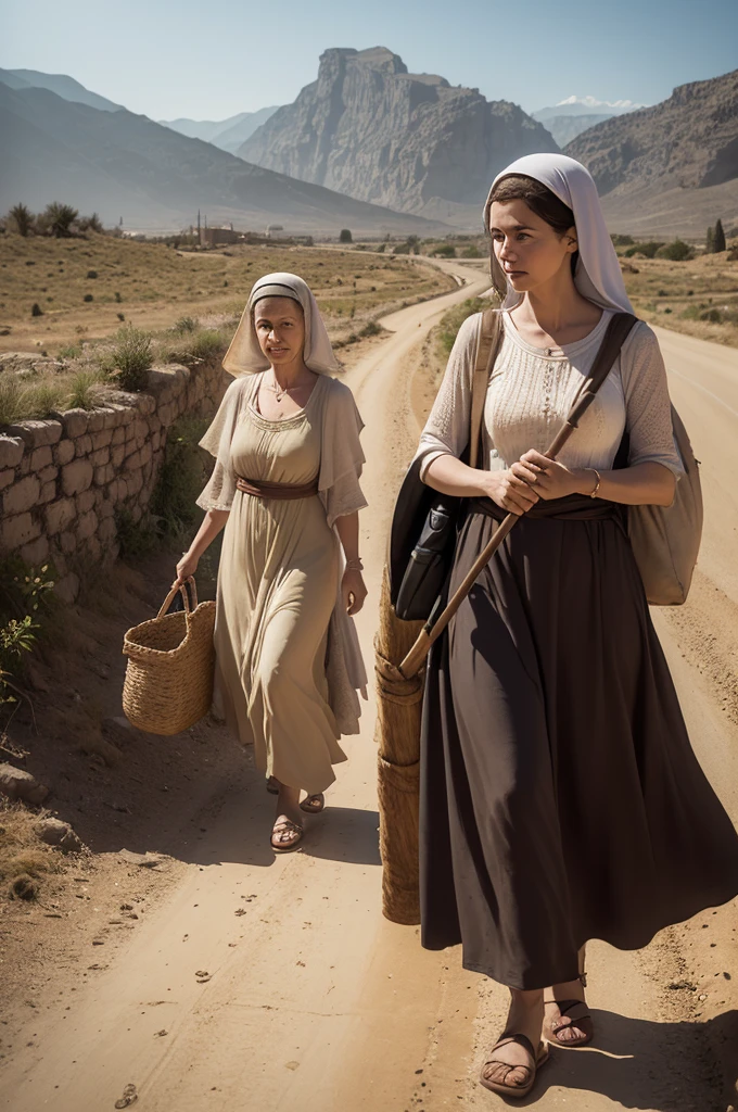 (Ruth and Naomi traveling to Bethlehem:

"Ruth and her mother-in-law Naomi, on a dusty road surrounded by mountains, with Naomi leaning on a staff and Ruth carrying a small bag of provisions."
