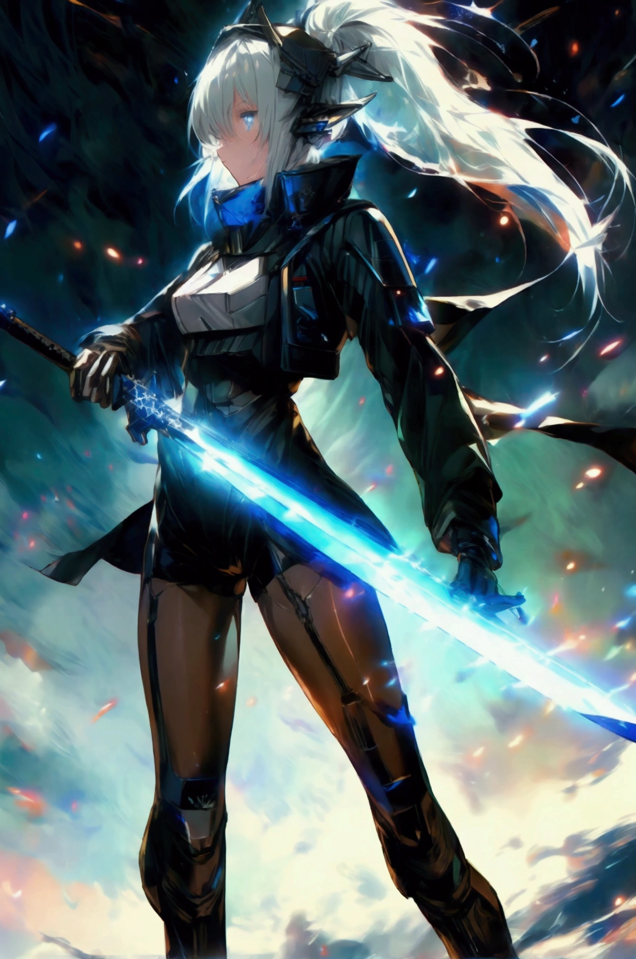 ((science fiction space fantasy)), A badass woman, an art of a female character standing amidst a galactic battlefront, (A female commander), ((a leader of a fleet of intergalactic armies)), White high ponytail with a glowing light blue highlights at the ends, Wielding a sword with deep blue aura, the mystical blade in her hand emitting a bright contrast blue light with a ray of energy, a futuristic intergalactic military uniform, Wearing Black shorts exposing the thighs, with a captain hat, a long simple dark boots. A masterpiece illustration, a light novel cover, best quality, best detail(Light novel illustrations), Arknights style, masterpiece, high quality, detailed.