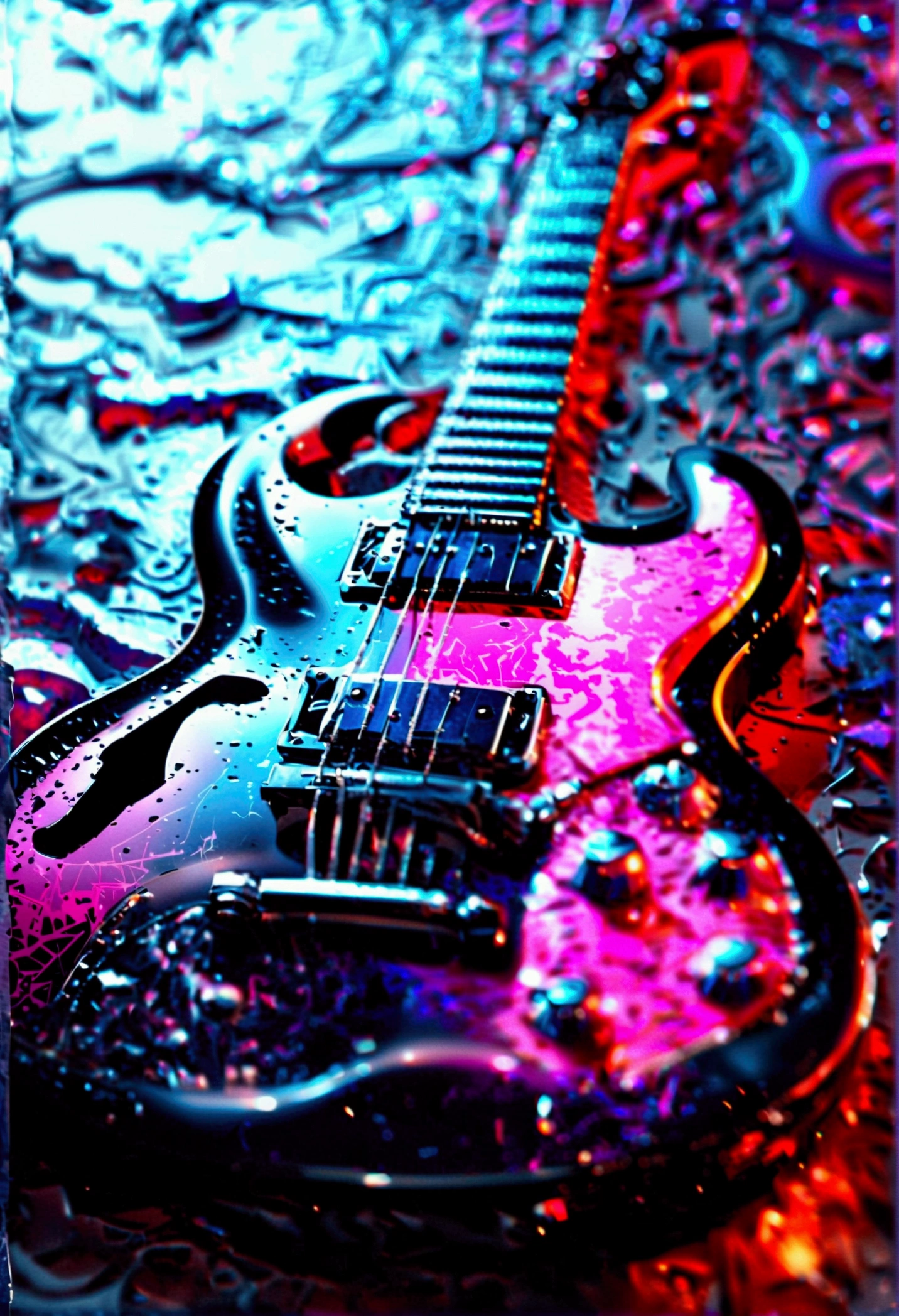 A DESCENDING SCALE LIGHT TURNS INTO VIBRATION, THAT TURNS INTO SOUND THAT TURNS INTO A black guitar model SG, with the design of a pink and purple gradient crescent moon.
