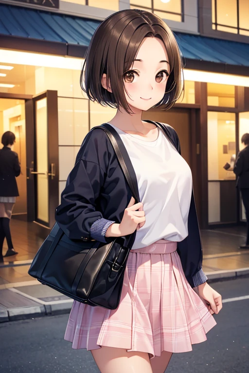 Rinko Kobayakawa、Shiny brown hair, ((Center-parted bangs that expose the forehead:1.5、short hair、))、, (Beautiful brown eyes、Sparkling eyes, Fine grain)、smile、Super detailedな目、Very detailed顔, Very detailed目,


Highest quality、High resolution、Detailed Background、Beautiful and dense face、Beautiful, smooth skin、Skin Texture、(Realistic:1.1)、Perfect body line、(Cute beautiful girl:1.5)、


very cute and beautiful girl,(Very detailed美しい顔),
(smile),Happy,Embarrassing,View your viewers,(argyle pattern sweater),Cowboy Shot,(White and pink checkered skirt),
Standing in front of the hotel entrance in the modern capital,night,carrying a tote bag,
(Highest quality,masterpiece),Absurd,High resolution,Super detailed,Very detailed,32k,8K resolution,
Intricate details,Movie Scenes,Detailed Background,alone,Dynamic Angle,