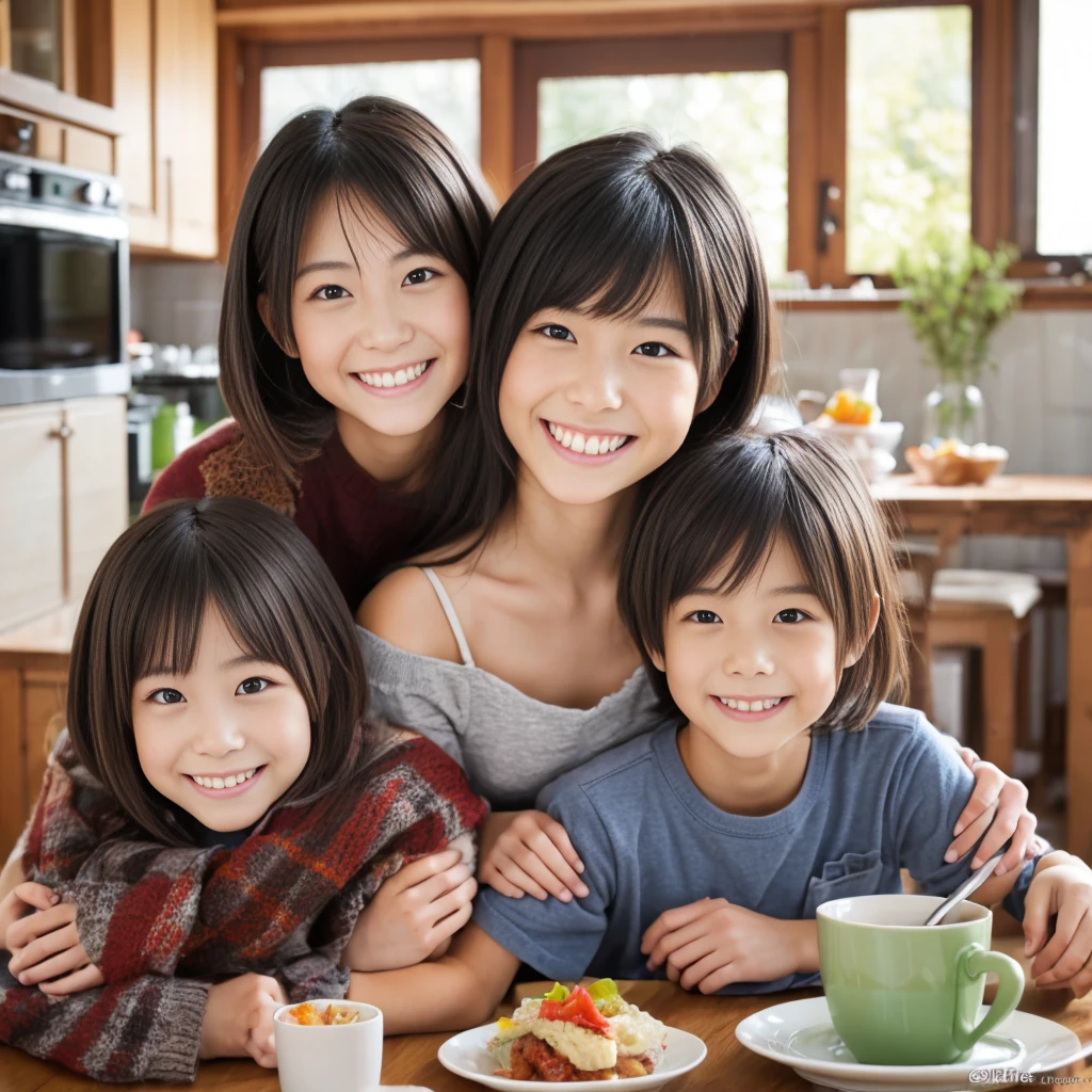 japanses best qualtiy,tmasterpiece,超A high resolution,perfect anatomia,（fidelity：1.4）,RAW photogr,ssmile,Short-haired boy,25 year old woman and 2 year old boy,a woman and small boy, Mom and short-haired son,Cute mother and smiling toddler,cowboy shot,cinmatic lighting,Parent and  of fashion model,adolable,, (NSFW:1.2)(Being in the living room)、(meal together)(sit on the table)、