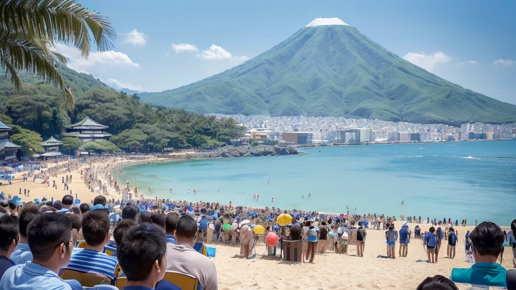 masterpiece, best quality, ultra-detailed, detailed scenery, beautiful detailed eyes, Angle from the front, (The view from below:1.4),
Beach, (crowd of men:1.1), (Four Japanese men facing forward standing at a distance and facing the viewer:1.6), wearing only swim trunks,
beach chairs, beach ball, Beach umbrellas a short distance away, (toy banana boat in the sea:1.1), (Landscape Photography:0.7),
