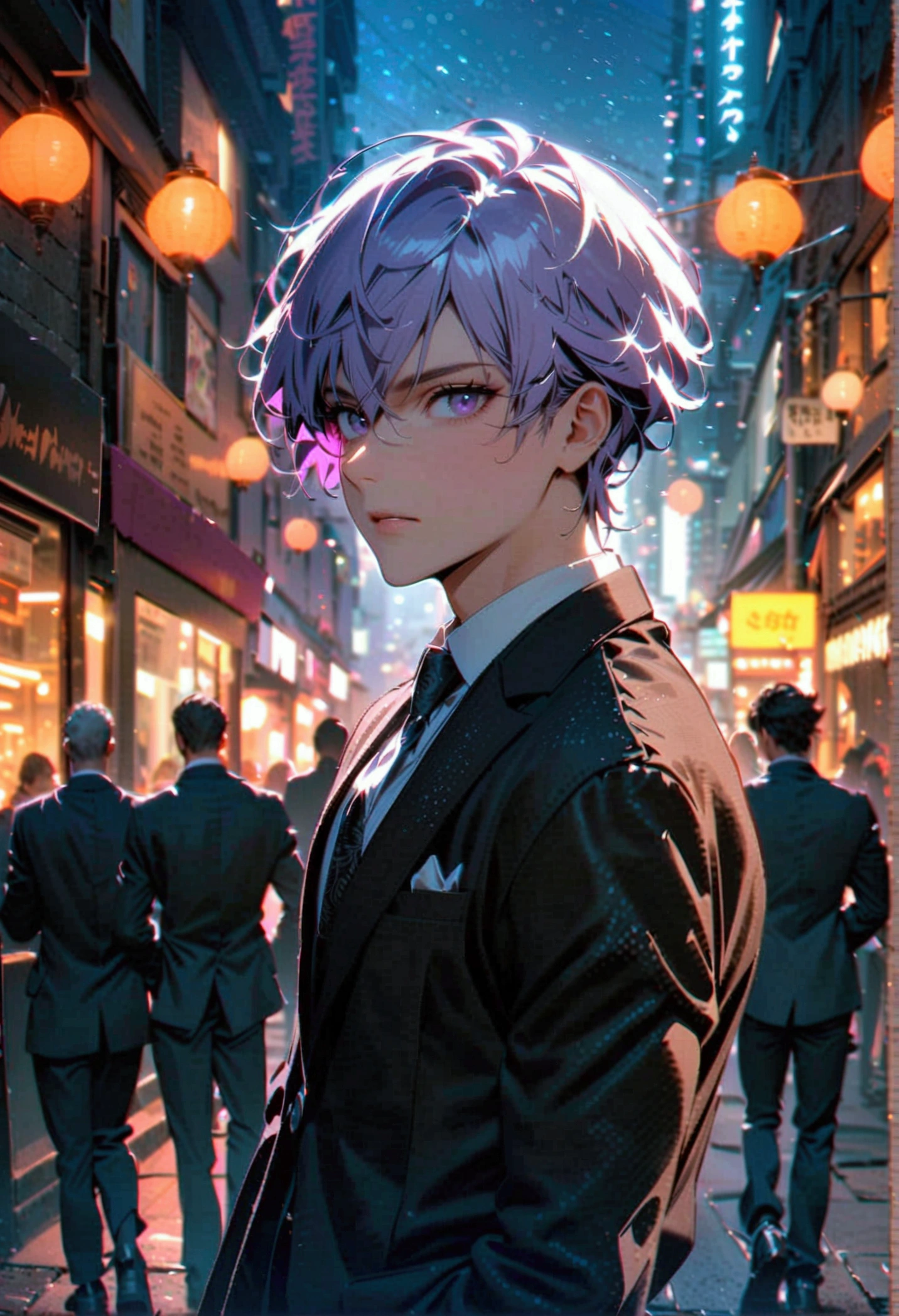3 men with white hair, 1 man with black hair, 1 man in a black suit with purple hair, 1 man in a white suit standing in a group of 3 with their backs turned in the middle of the city at night.