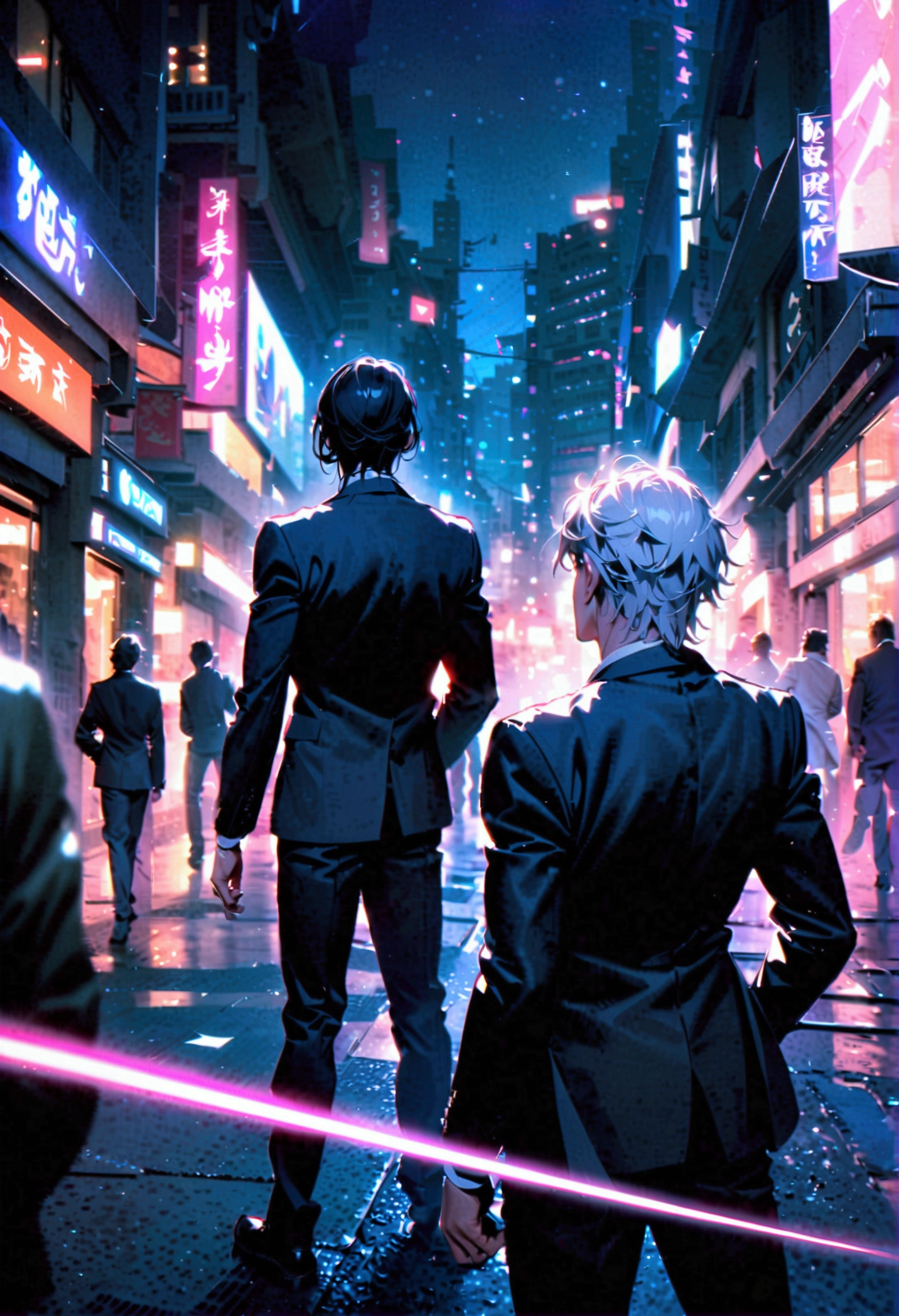 3 men with white hair, 1 man with black hair, 1 man in a black suit with purple hair, 1 man in a white suit standing in a group of 3 with their backs turned in the middle of the city at night.