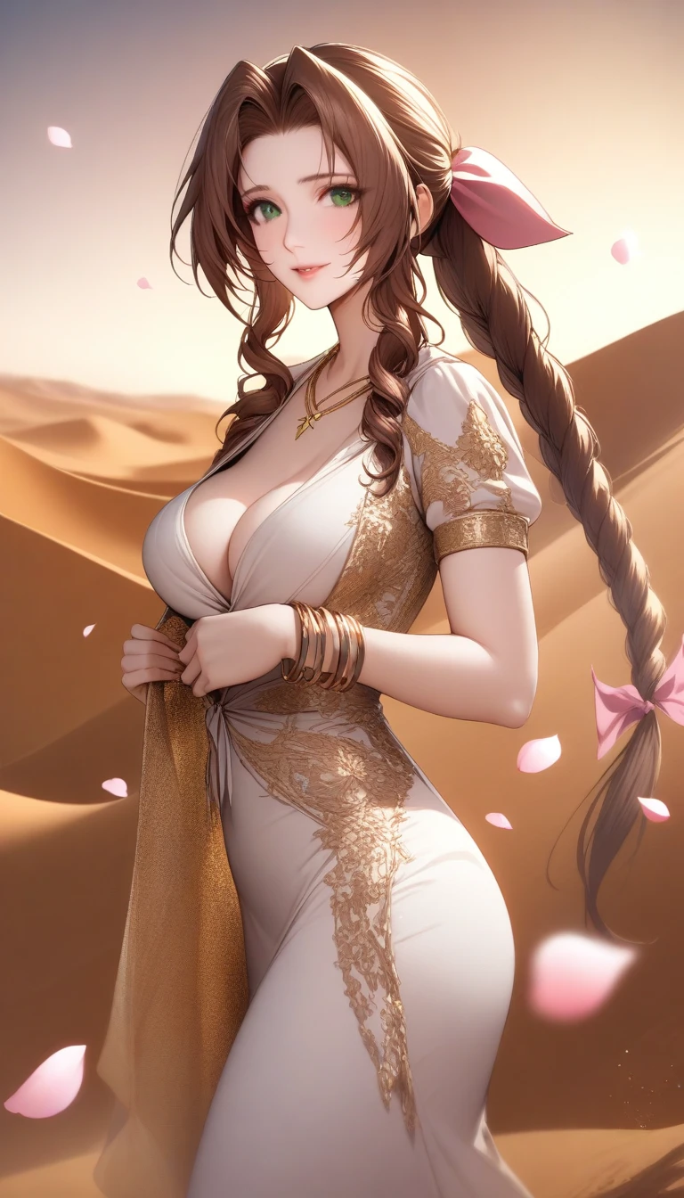 masterpiece, best quality, very aesthetic, absurdres, 1girl, mature_lady, in Desert ,1 Pretty girl，Tighten the body，clothes details，There are intricate gold threads on the clothes，pearls necklace,white skinned，looking at viewer， ,aerith_gainsborough, final_fantasy, final_fantasy_vii, final_fantasy_vii_rebirth, final_fantasy_vii_remake, 1girl, green_eyes, hair_ribbon, brown_hair, long_hair, braid, braided_ponytail, bangle, bracelet, breasts,,in Desert, Desert Princess,surrounding by flowers,falling_petals, outdoors, petals,,,blur background,background defocus,