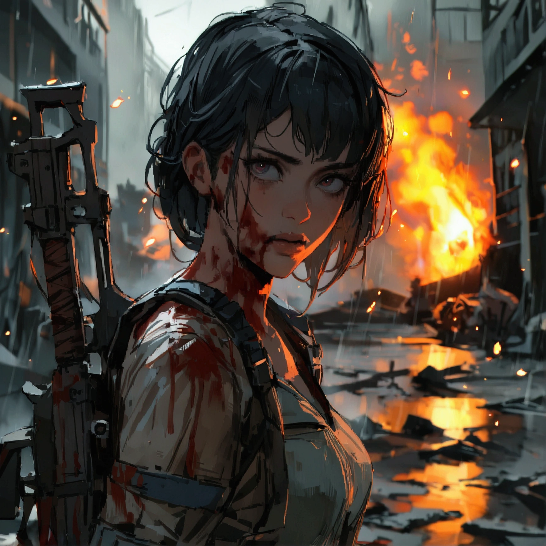 game inspired "Killing Floor" women survivor, loadout, dark, gruesome, ultra-detailed, london in ruins, embers, fire, dynamic, (8k, best quality, masterpiece: 1.2), rainy
