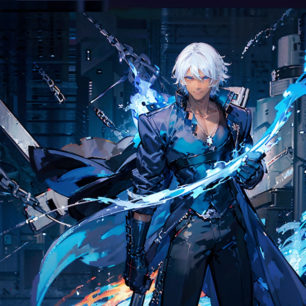 A Dark skinned young anime man, side swept silver hair, fiery light blue eyes, producing blue fire out of his fist, wearing a blue combat trench coat over a black tank top with black slacks and a chain on the hip, steel necklace with a blue dragon pendant around his neck, with sleeves rolled up to his elbows and a cocky smile