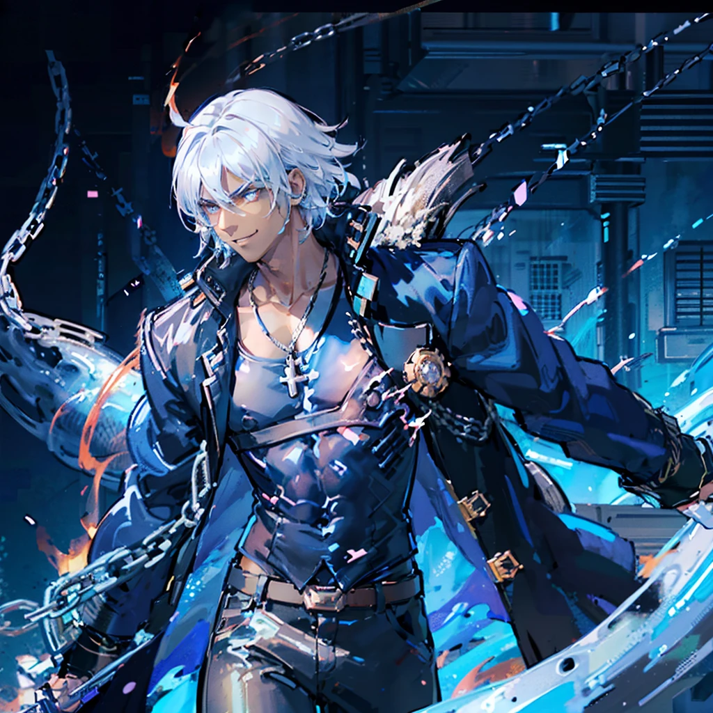 A Dark skinned young anime man, side swept silver hair, fiery light blue eyes, producing blue fire out of his fist, wearing a blue combat trench coat over a black tank top with black slacks and a chain on the hip, steel necklace with a blue dragon pendant around his neck, with sleeves rolled up to his elbows and a cocky smile