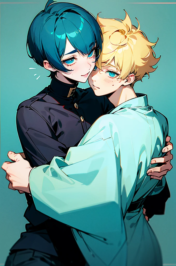 shy two males, one with blonde spiky curly hair and cyan eyes hugging happyly another feminen male with very short bowlcut cut dark blue hair and eyes with beauty marks on his face
