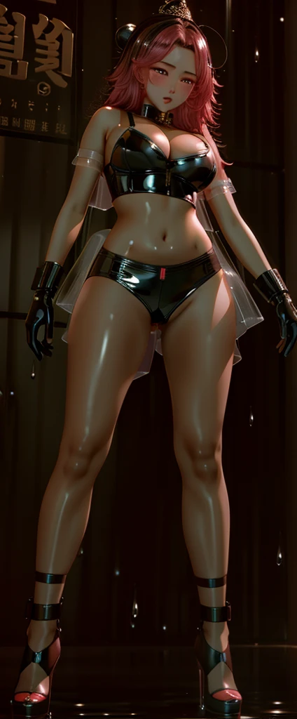 1 Girl donghua, Best quality, Ultra Detail, 8K, Ultra high realistic, Detailed face, Full body, standing, Ultra high realistic, Detailed face, (Blushing:1.3), Wet skin, Latex bra, Latex hot skirt, Ahegao face, beautiful breasts, body details, Oil skin, big thighs