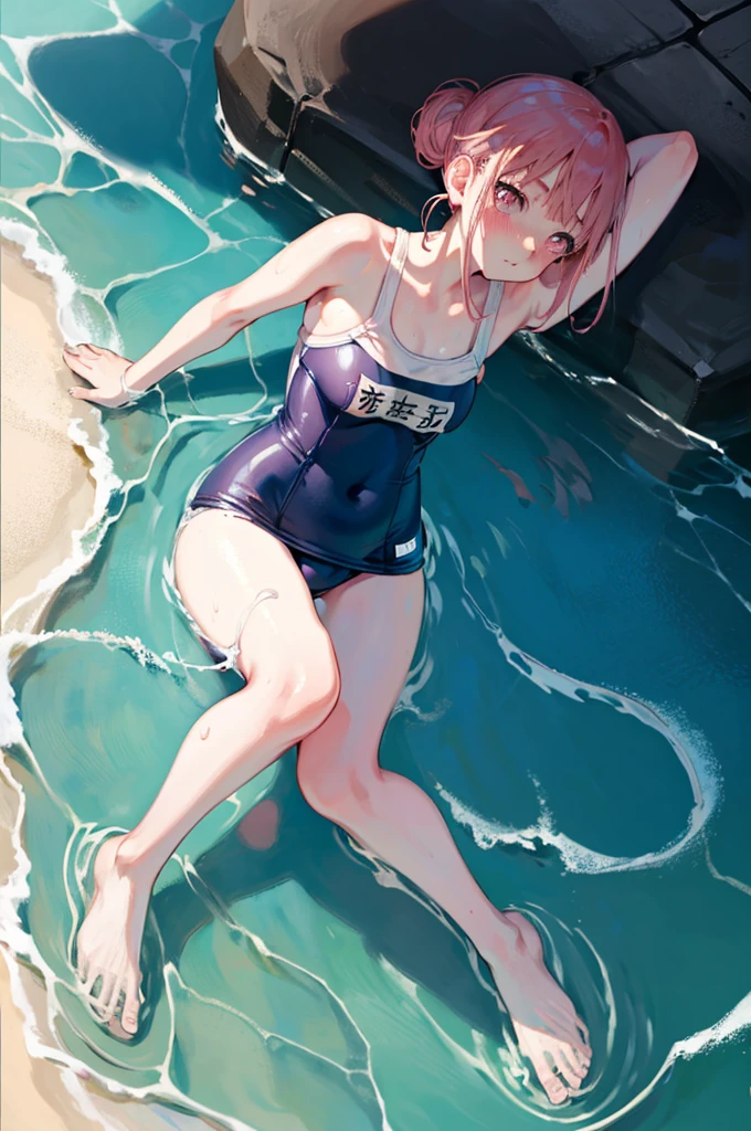 School Swimsuit,,Blushing、Pink Hair、Pale pink eyes、Under-ear bun hairstyle、Head to toe full body、Blushing、Embarrassed look、Composition from the front、A view from slightly below、school swimwear、Acme Face、Random pose、, 、nsfw、Highest quality、1 girl、solo、Ocean、Sandy Beach、Sexy pose、Random pose、Blushing、Wet、Embarrassed、I can see half of my 、、One piece swimsuit、(Strap slip:1.3)、School Swimsuit