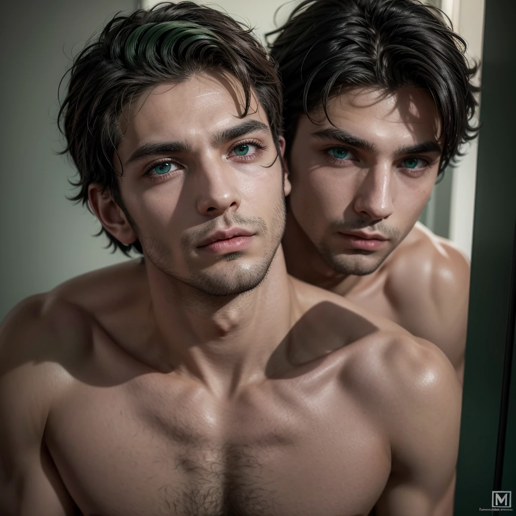 Greek dark man, clear green eyes, bare chest, pink mouth