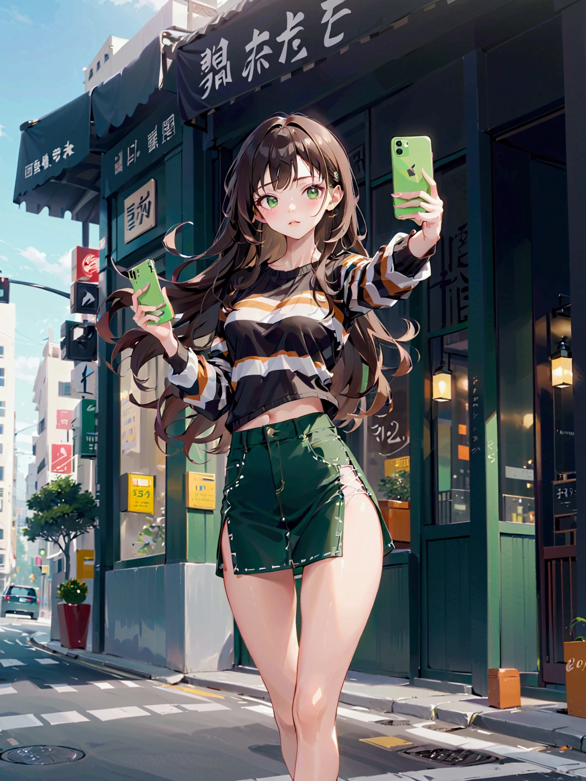 beautiful young woman holding a smartphone and selfying on downtown street, brown long wavy hair woman, she wearing black with white striped long sleeve t-shirt, green denim pencil mini skirt, and white sneakers