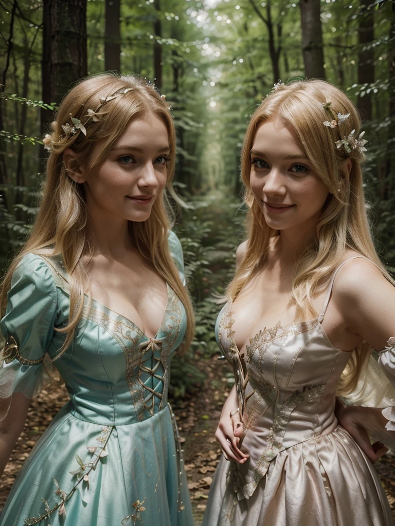 2 beautiful blondes (girls wearing fairy dresses tight 1.1) , extremely detailed, intricate fairy-tale forest, enchanted clearing, gorgeous fairy lighting, soft colors, delicate details, photorealistic, 8k, masterpiece, look the camera , friends , faces , front, smilling, happy,