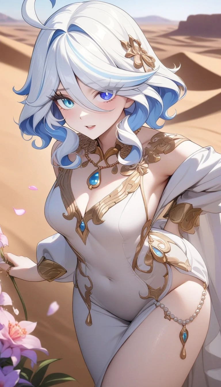 masterpiece, best quality, very aesthetic, absurdres, 1girl, mature_lady, in Desert ,1 Pretty girl，Tighten the body，clothes details，There are intricate gold threads on the clothes，pearls necklace,white skinned，looking at viewer， ,furina(genshin impact), heterochromia,bule hair,blue eyes,,in Desert, Desert Princess,surrounding by flowers,falling_petals, outdoors, petals,,,blur background,background defocus,