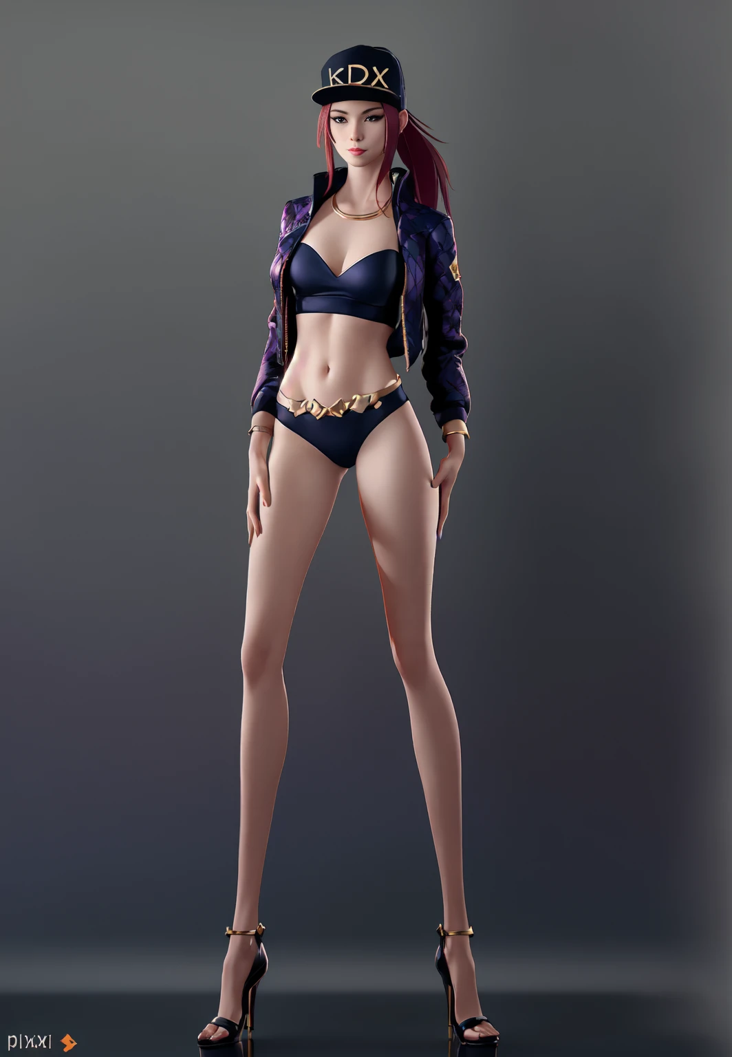 ((Full body photo, standing, feet on the ground)) sfw, kda_Akali,, (seductive, alluring, charming:1.3), seductive, (trending on CGSociety, trending on pixiv, contest winner:1.3)