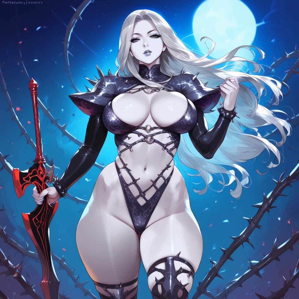 mixed_artwork style, 1girl, standing alone, hands, beautiful woman, Asian, thick, realistic, textures, 8K, perfect hand, perfect anatomy, visible curves, Breasts, Long straight hair, straight bangs Silver blades, Silver lipstick, Swords and Iron thorns outfit, Silver skin, Swords Queen, Body in good shape