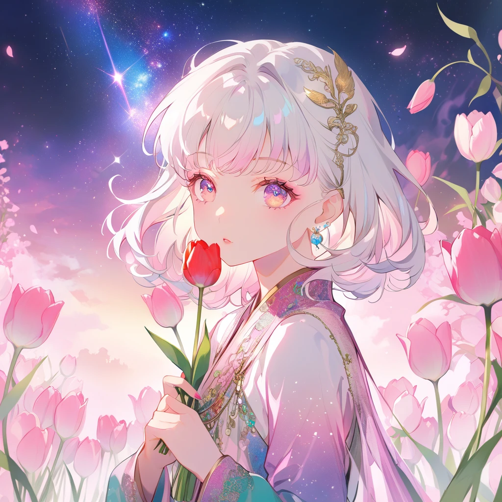 White hair, pink eyes, girl with pink tulip in hand, close-up of face, bright light, anime style, fantasy world background, colorful starry sky eyes, dreamy feeling, glowing flowers.