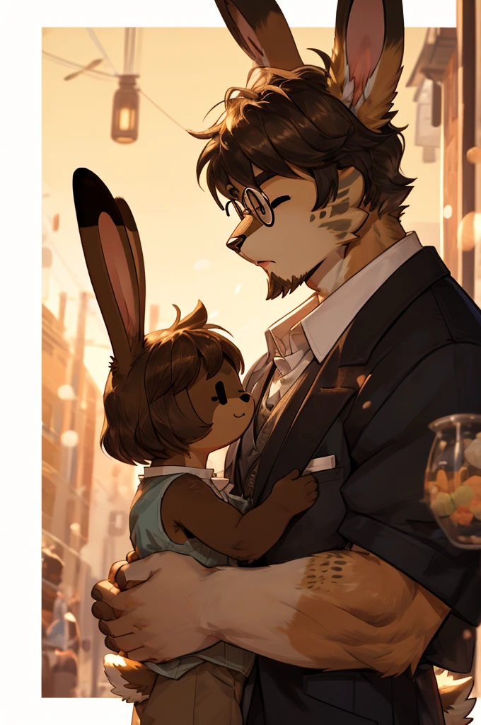 1 male, anthro, furry,  bunny, rabbit, small, male, ((((dot eyes)))), round glasses, ((brown fur)) , freckles, short bangs