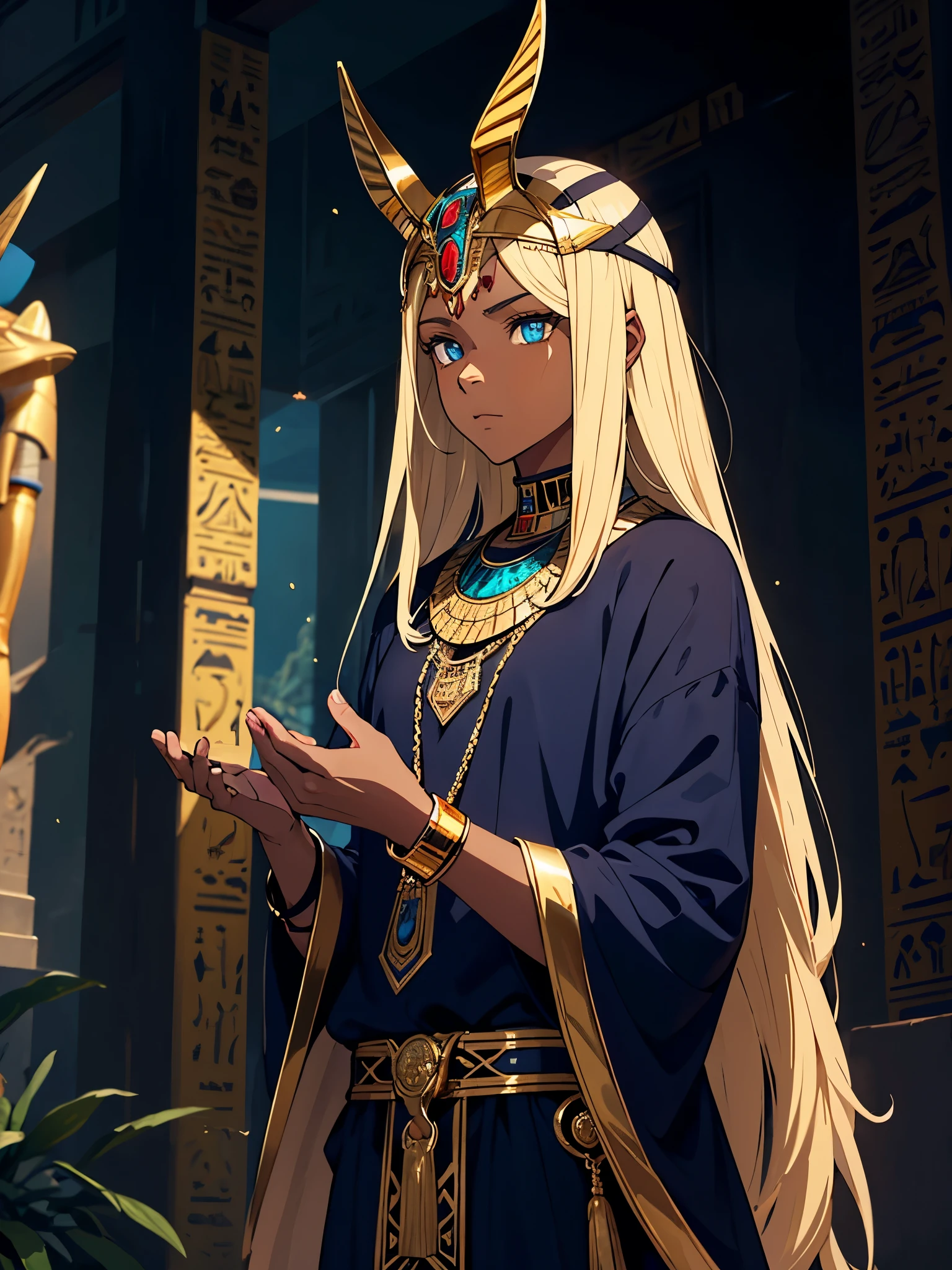 Ohren mit fell. Junge. Mann. Männlich. Männlicher. Other headdresses. More anime. boy. Egyptian deity Anubis. Egyptian clothing. long blond hair. Lots of gold jewelry. dark skin. Egyptian. dazzling blue eyes. mystical. divine.