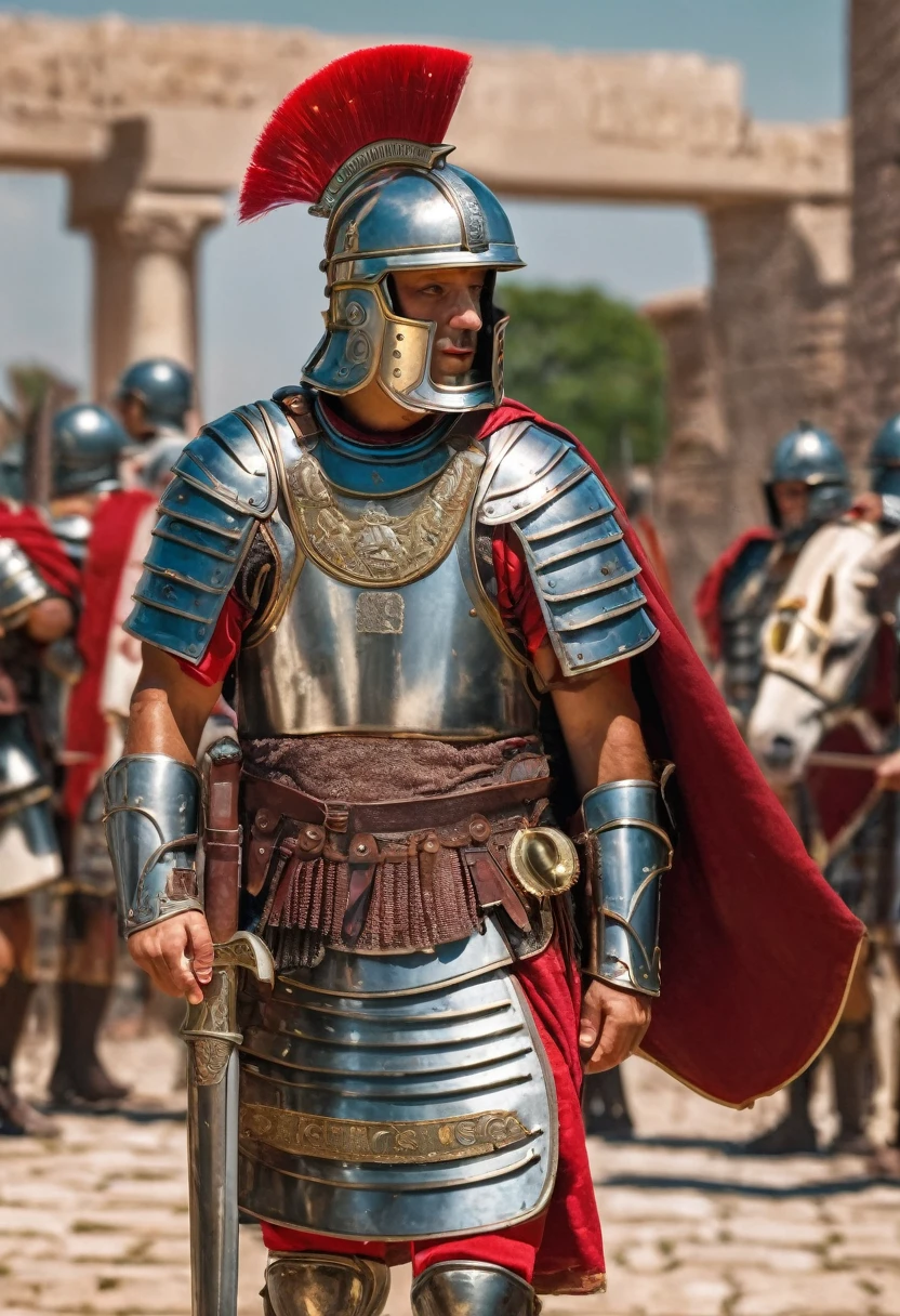 Roman Legionary, high detailed, intrincate details, roman Empire, 8k, detailed Lorica segmentata, detailed SCUTUM, detailed Gladius, detailed caligas, detailed Photo, film grain